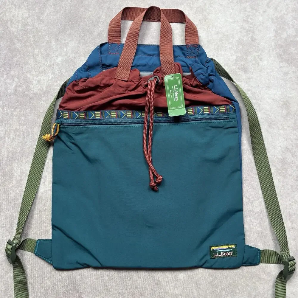 L.L.Bean Mountain Classic Drawstring Pack Backpack Brown Blue Green NWT Large